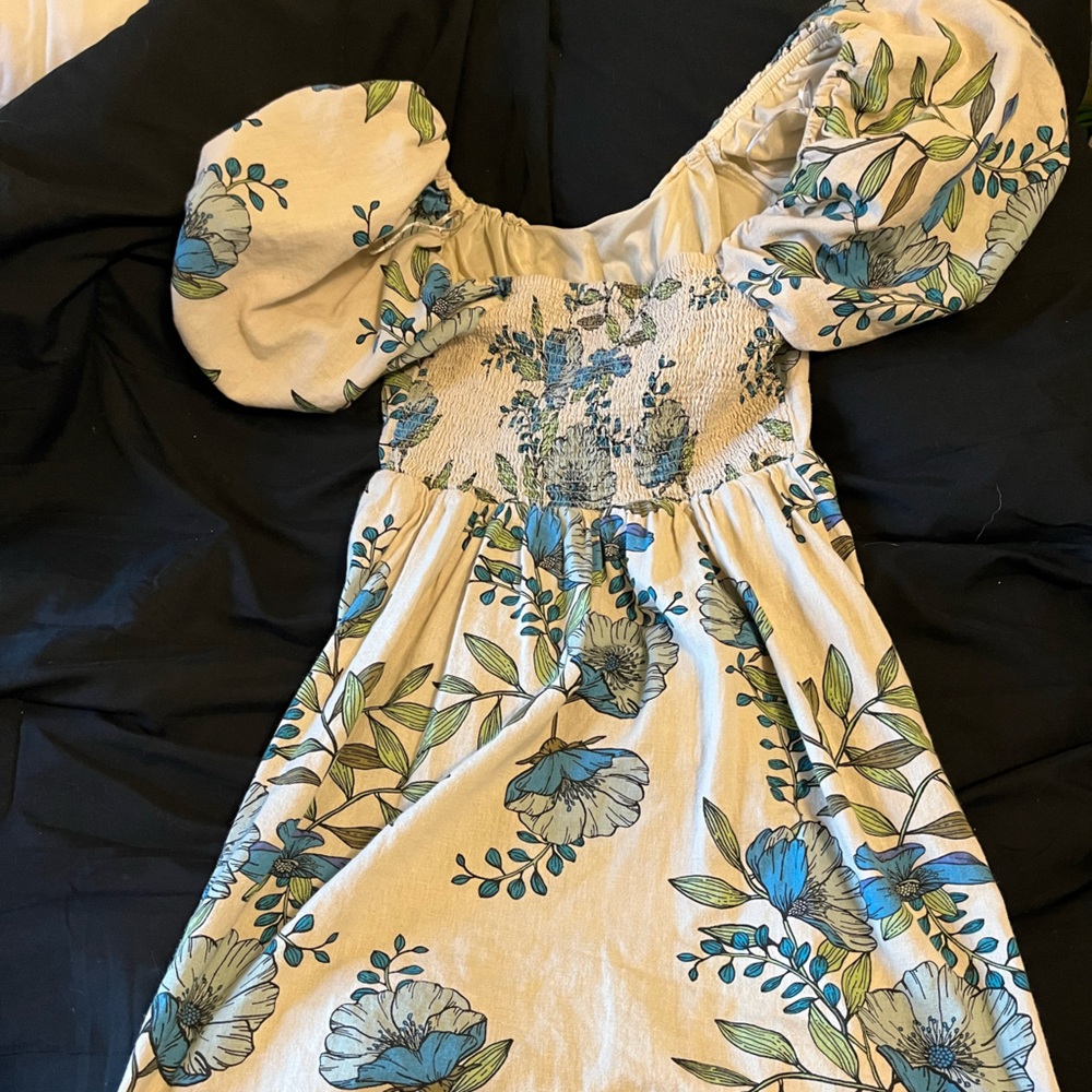 Floral Blue and Green Smocked Midi Dress
